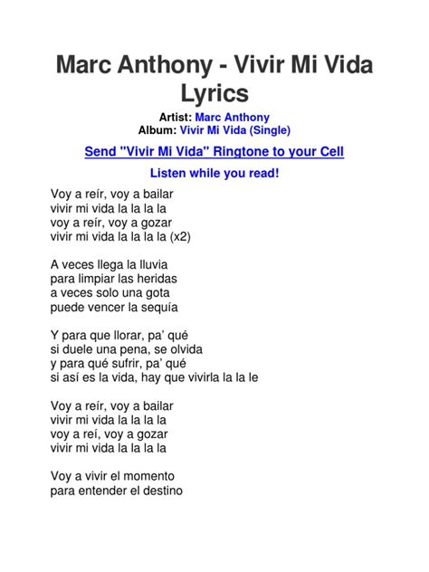 Original lyrics. Vivir mi vida . Click to see the original lyrics (Spanish) Add new translation; Request a translation; Translations of "Vivir mi vida" English bellavoz. 5. English elizabeth.hayes08. Catalan Oscar Roman. Catalan boigandorra. Croatian ... Collections with "Vivir mi vida" 1. Spanish Hits - Best Spanish Songs of All Time …